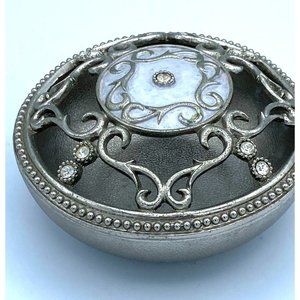 Silver Metal Round Case with Embossed Jeweled Heavy Weight /Trinket /Incense /